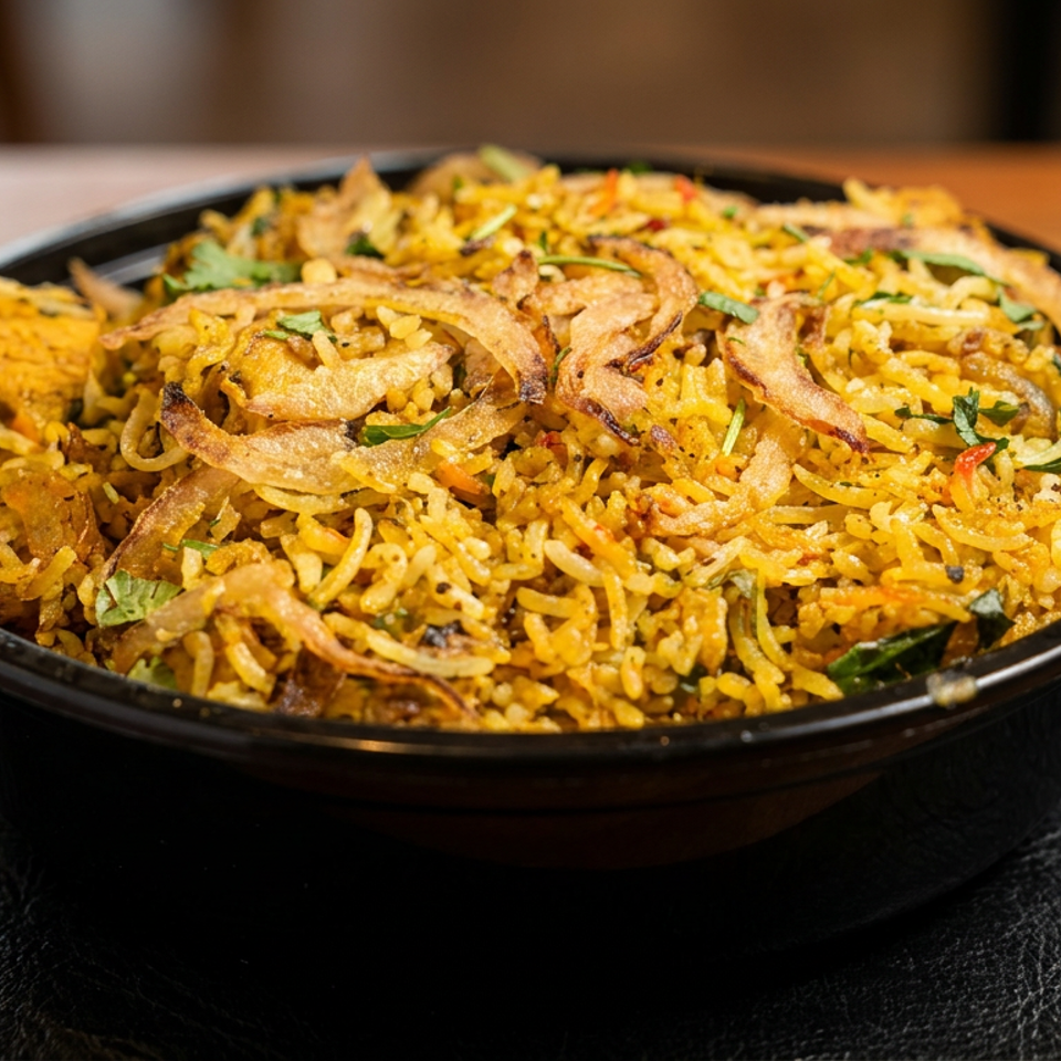 Close-up of a black bowl filled with yellow biryani rice, topped with fried onions and fresh herbs.