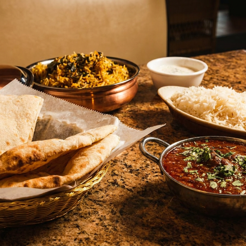 Indian feast with naan bread, biryani, white rice, and a rich curry on a granite table.