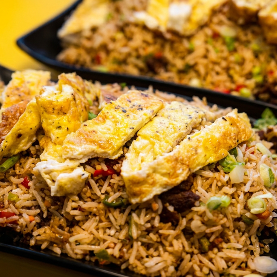 Two plates of fried rice topped with sliced omelets and green onions on a yellow surface.