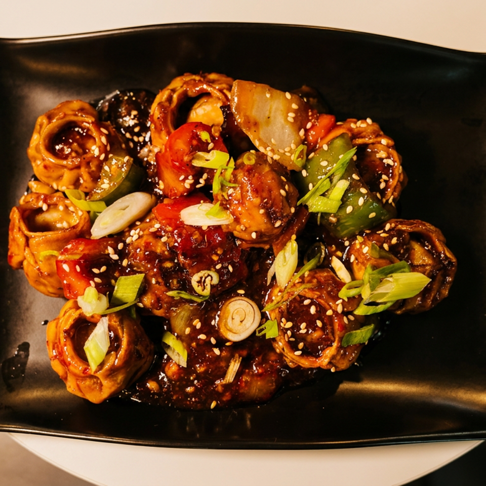 A black rectangular plate filled with chili momos, garnished with sesame seeds and spring onions.