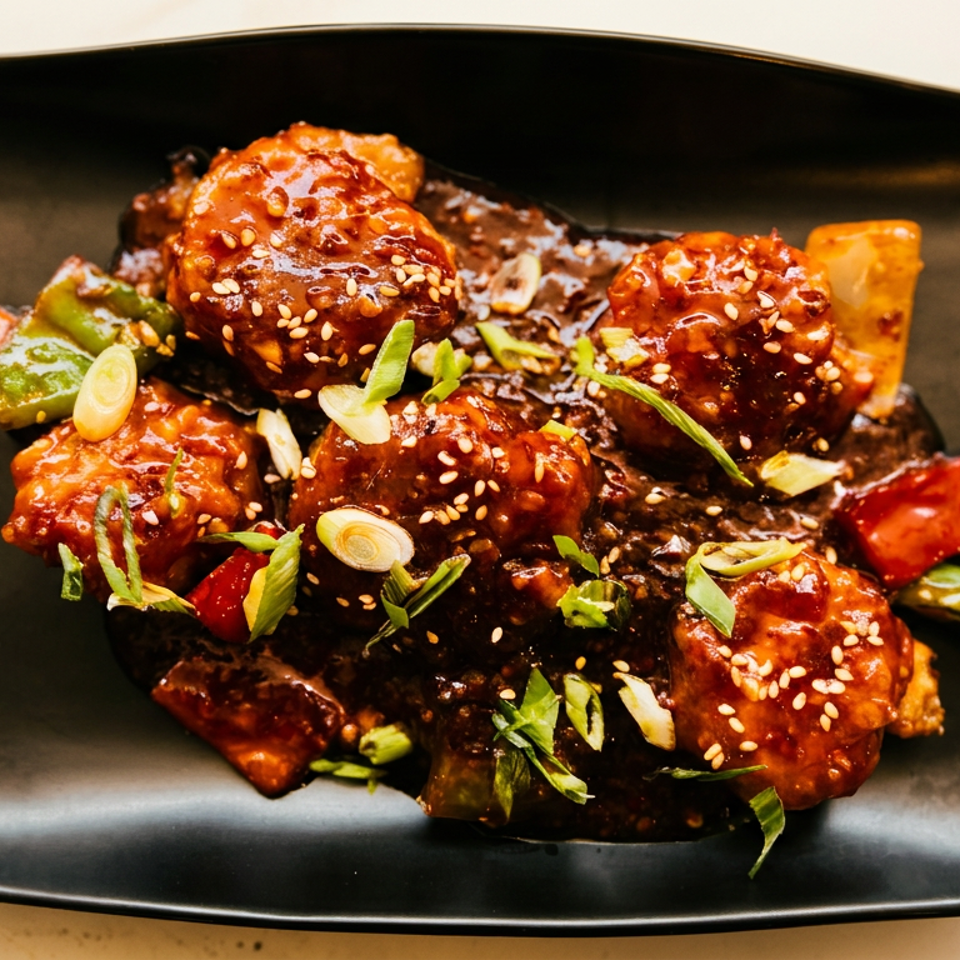 Gobi Manchurian, a popular Indo-Chinese dish, served on a black rectangular plate.