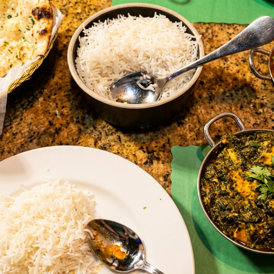 A spread of Indian dishes including naan, rice, chicken tikka masala, and saag paneer.
